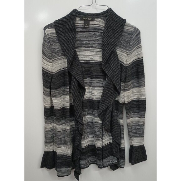 White House Black Market Sweater Gray Variegated Ruffle Cardigan Striped Size S - Picture 2 of 7